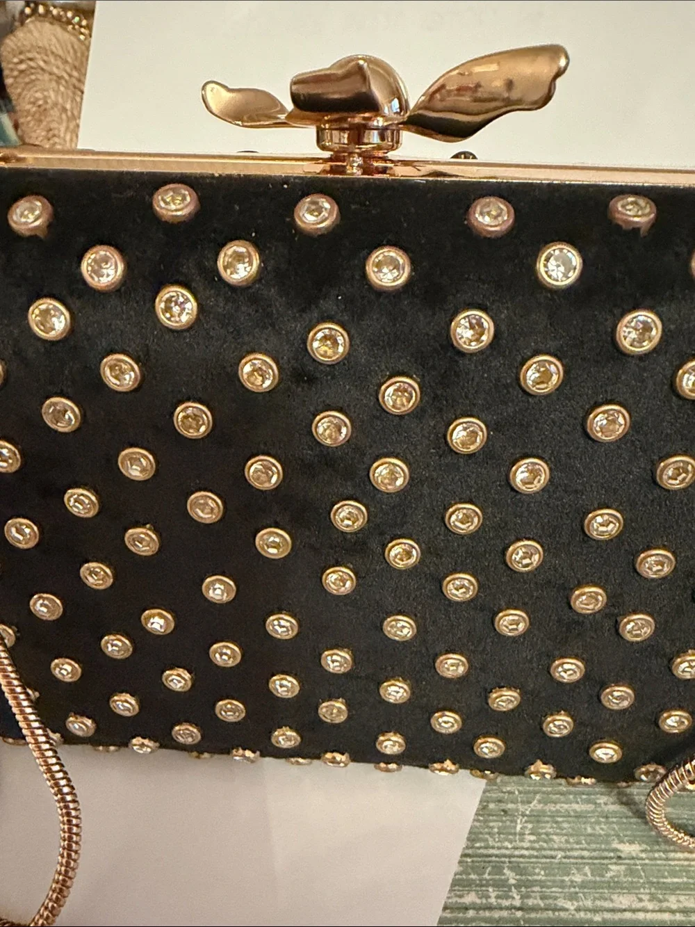 Black Velvet minaudière with crystals Evening Clutch flower top, NWOT gorgeous!